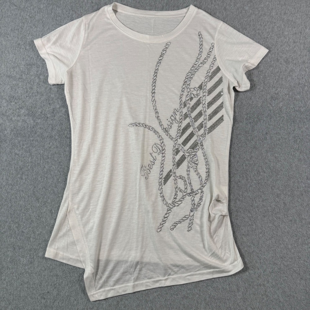 Y2K Best Designs T-Shirt Women White Graphic Asymmetrical Sequin Chain Size L‎